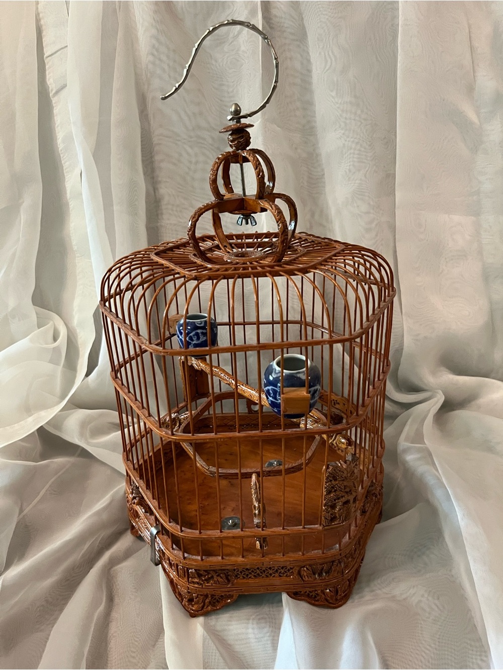 Antique Chinese Bamboo Bird Cage with Blue Ceramic Feeders